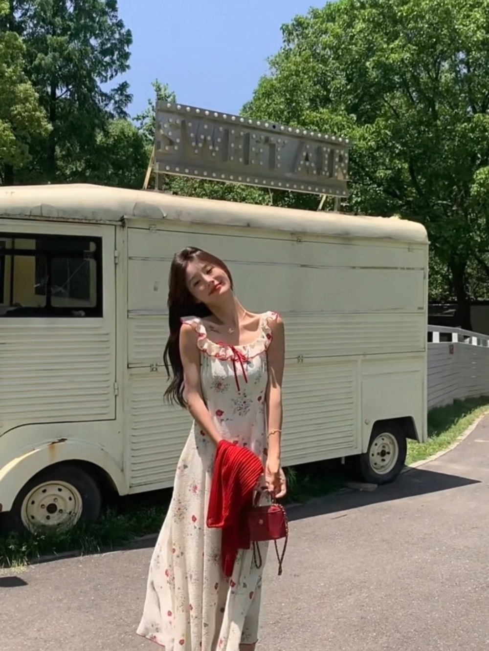 Floral Tie-Front Cotton Dress in Cream and Red